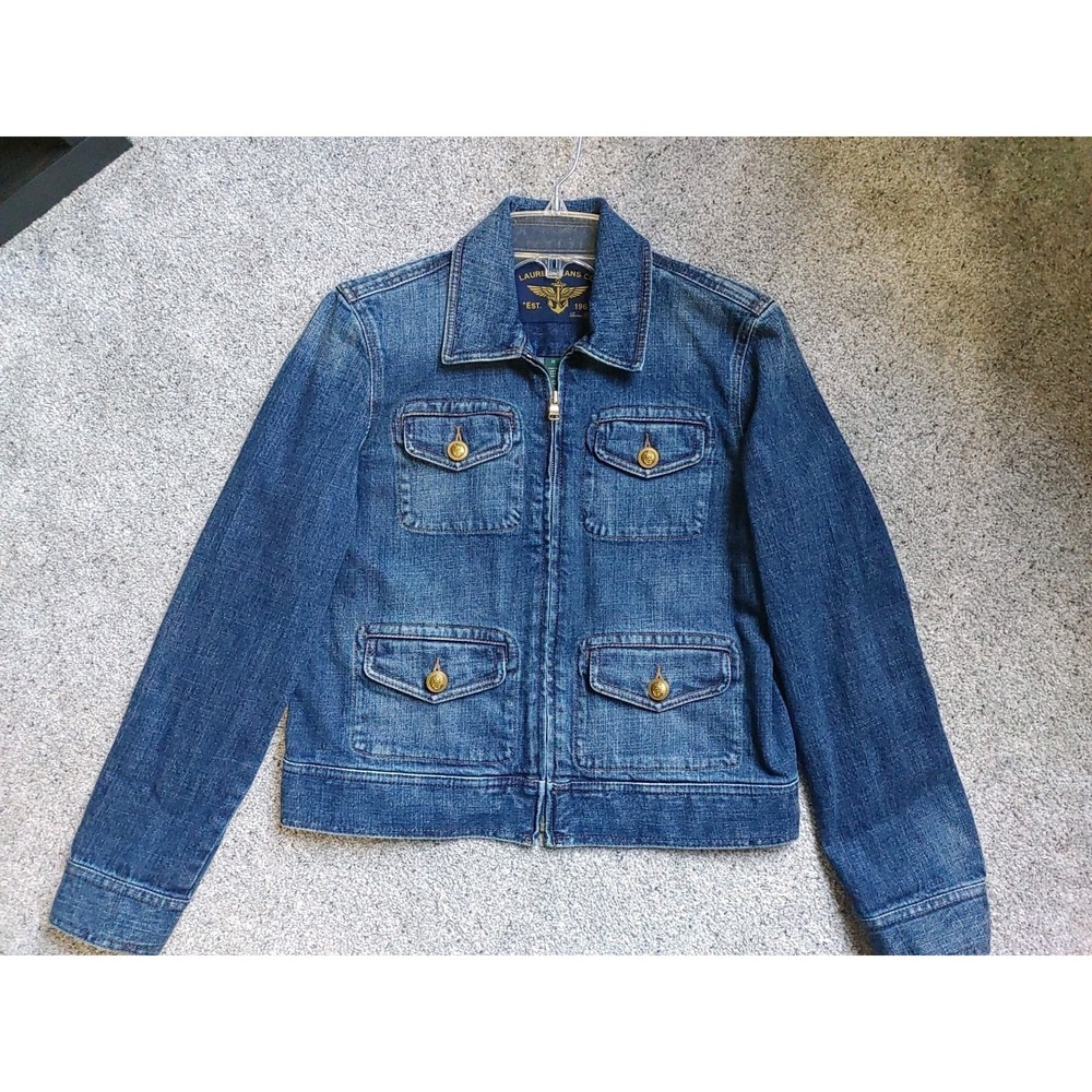 Vtg Women Lauren Jeans Denim Military Jacket Gold Buttons Utility Pocket Zip Med